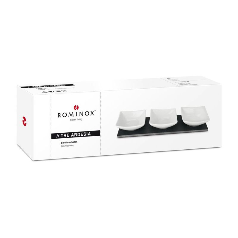 Casa si Gradina - Bucatarie si vesela - Vesela si tacamuri - Farfurii si boluri - Set servire Rominox Tre Ardesia, 3 boluri ceramica, placa ardezie, aperitive si sosuri - Infinity.ro