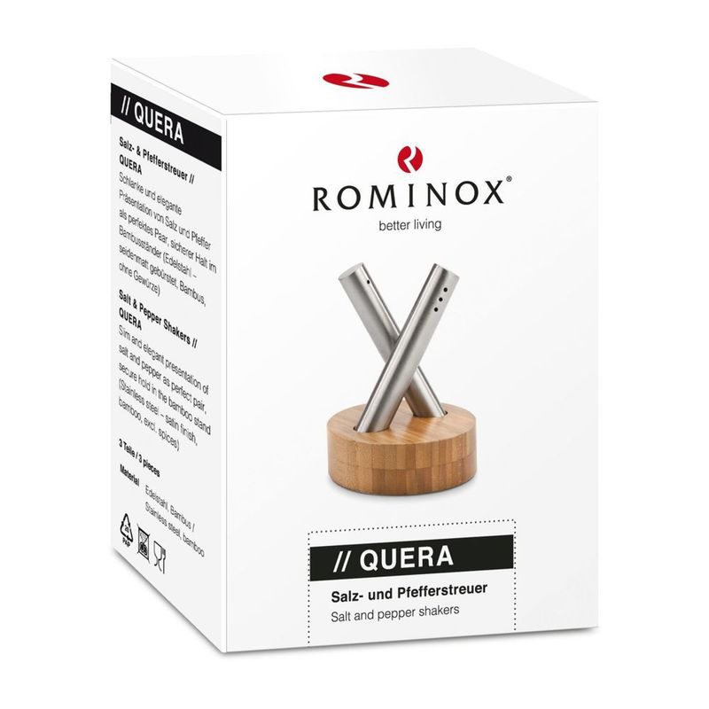 Casa si Gradina - Bucatarie si vesela - Ustensile bucatarie - Rasnite si dozatoare condimente - Set solnite Rominox Quera, sare si piper, suport bambus, recipiente inox, design compact - Infinity.ro