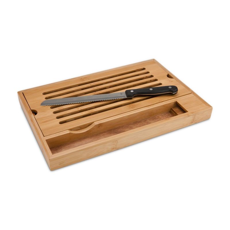 Casa si Gradina - Bucatarie si vesela - Ustensile bucatarie - Tocatoare de bucatarie - Set taiere paine Rominox Krumel, tocator bambus, tava firimituri detasabila, cutit, 38 x 25 cm - Infinity.ro