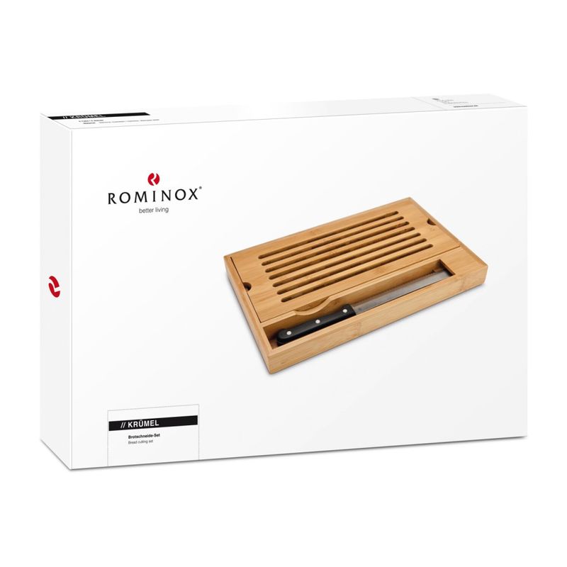 Casa si Gradina - Bucatarie si vesela - Ustensile bucatarie - Tocatoare de bucatarie - Set taiere paine Rominox Krumel, tocator bambus, tava firimituri detasabila, cutit, 38 x 25 cm - Infinity.ro