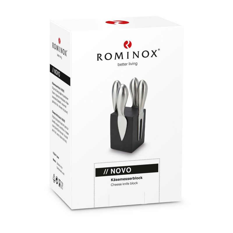 Casa si Gradina - Bucatarie si vesela - Vesela si tacamuri - Cutite si seturi de cutite - Bloc cutite branza Rominox Novo, 4 piese, suport magnetic, lemn negru, 6 x 6 x 8,5 cm - Infinity.ro