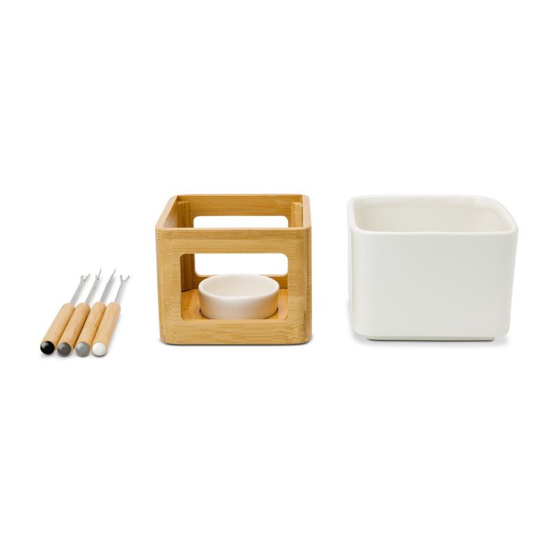 Casa si Gradina - Bucatarie si vesela - Vesela si tacamuri - Vesela desert - Set fondue ciocolata Rominox Dolce, ceramica, bambus, 4 furculite, suport lumanare, 11 x 15 cm - Infinity.ro