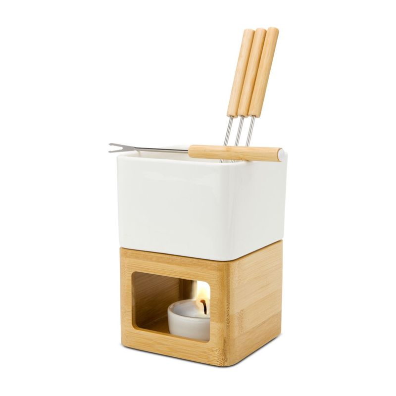 Casa si Gradina - Bucatarie si vesela - Vesela si tacamuri - Vesela desert - Set fondue ciocolata Rominox Dolce, ceramica, bambus, 4 furculite, suport lumanare, 11 x 15 cm - Infinity.ro