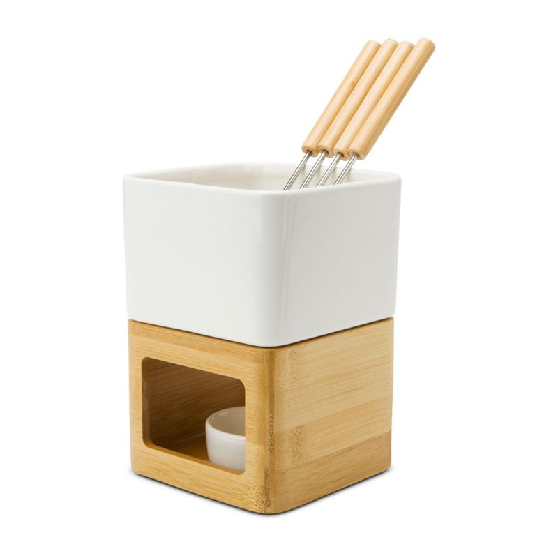 Casa si Gradina - Bucatarie si vesela - Vesela si tacamuri - Vesela desert - Set fondue ciocolata Rominox Dolce, ceramica, bambus, 4 furculite, suport lumanare, 11 x 15 cm - Infinity.ro