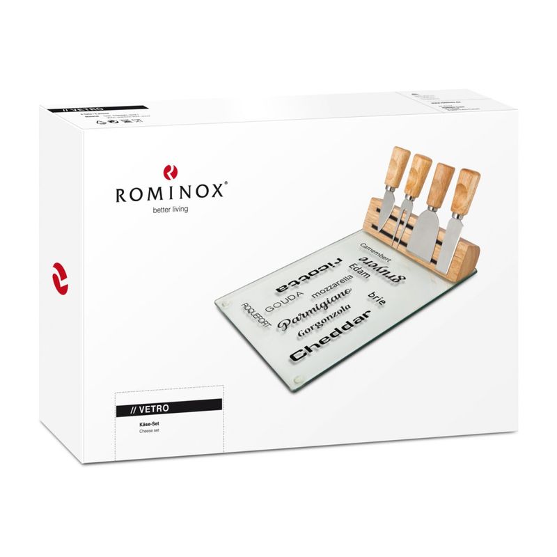 Casa si Gradina - Bucatarie si vesela - Vesela si tacamuri - Platouri de bucatarie - Set branzeturi Rominox Vetro, placa sticla, 4 ustensile inox, suport magnetic, 30 x 20 cm - Infinity.ro