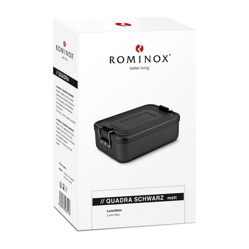 Casa si Gradina - Bucatarie si vesela - Organizare si depozitare bucatarie - Cutii alimentare - Lunchbox Rominox Quadra Matt Black, 900 ml, aluminiu, separator ajustabil, inchidere etansa - Infinity.ro