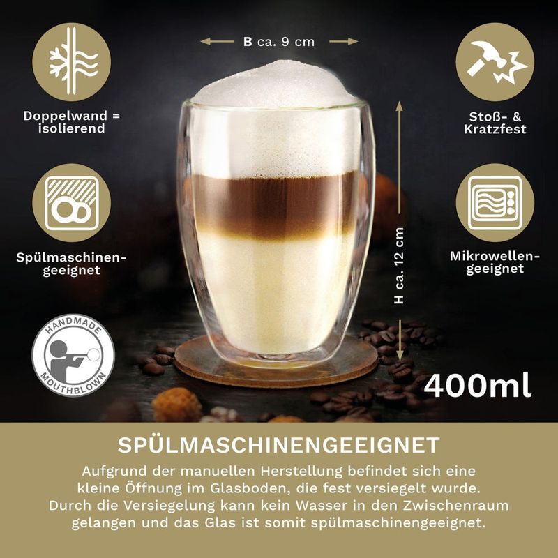 Casa si Gradina - Bucatarie si vesela - Cani si pahare - Pahare - Set 6 pahare termice XXL Creano, 400 ml, sticla borosilicata, perete dublu, pentru latte - Infinity.ro