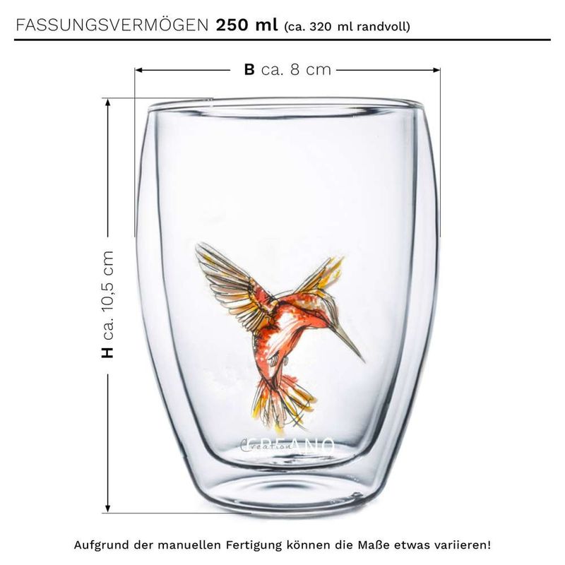 Casa si Gradina - Bucatarie si vesela - Cani si pahare - Pahare - Pahar termic Creano Hummi, 250 ml, sticla borosilicata, perete dublu, decor colibri rosu - Infinity.ro