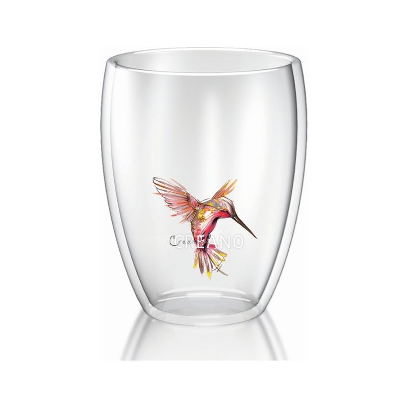 Casa si Gradina - Bucatarie si vesela - Cani si pahare - Pahare - Pahar termic Creano Hummi, 250 ml, sticla borosilicata, perete dublu, decor colibri rosu - Infinity.ro