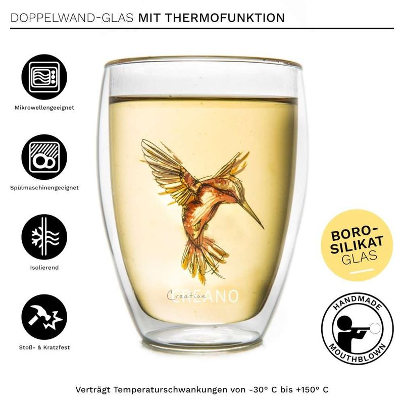 Casa si Gradina - Bucatarie si vesela - Cani si pahare - Pahare - Pahar termic Creano Hummi, 250 ml, sticla borosilicata, perete dublu, decor colibri rosu - Infinity.ro