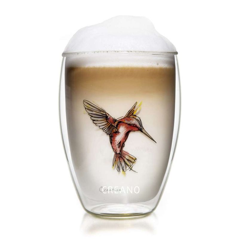 Casa si Gradina - Bucatarie si vesela - Cani si pahare - Pahare - Pahar termic Creano Hummi, 250 ml, sticla borosilicata, perete dublu, decor colibri rosu - Infinity.ro
