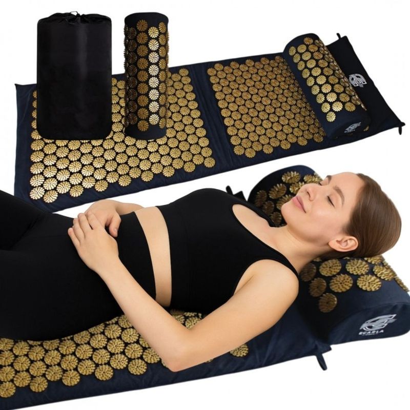 Casa si Gradina - Mobilier - Saltele si somiere - Saltele - Saltea acupresura cu perna, pentru masaj si relaxare, Ecarla, 116x43 cm, negru-auriu, cu husa transport - Infinity.ro