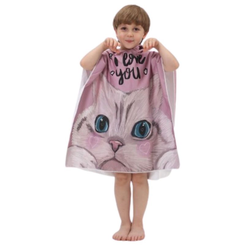 Jucarii, Copii si Bebe - Igiena si ingrijire - Baia bebelusului - Prosoape si halate de baie copii - Prosop poncho pentru copii, cu gluga, model pisica, i love you, 60x60 cm, pelerina de plaja, roz - Infinity.ro