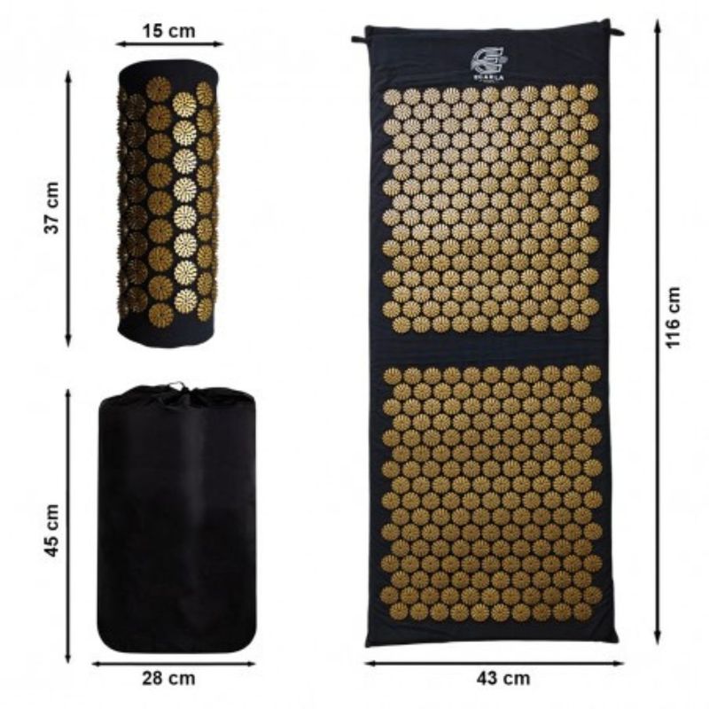 Casa si Gradina - Mobilier - Saltele si somiere - Saltele - Saltea acupresura cu perna, pentru masaj si relaxare, Ecarla, 116x43 cm, negru-auriu, cu husa transport - Infinity.ro