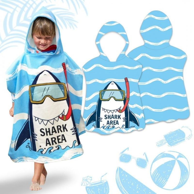 Jucarii, Copii si Bebe - Igiena si ingrijire - Baia bebelusului - Prosoape si halate de baie copii - Prosop poncho pentru copii, cu gluga, model rechin Area, 60x60 cm, pelerina de plaja, albastru - Infinity.ro
