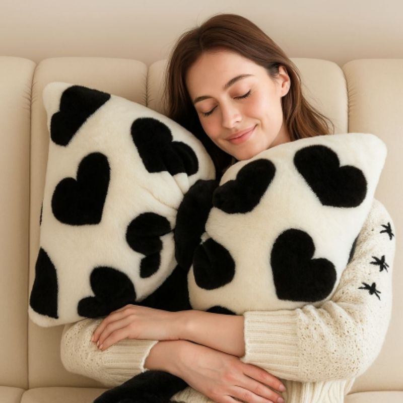 Casa si Gradina - Textile si covoare - Perne si pilote - Perne decorative - Perna decorativa pufoasa, model funda cu inimioare, 40x50 cm, perna moale pentru canapea si dormitor, crem-negru - Infinity.ro
