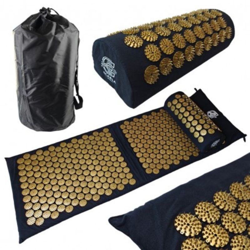 Casa si Gradina - Mobilier - Saltele si somiere - Saltele - Saltea acupresura cu perna, pentru masaj si relaxare, Ecarla, 116x43 cm, negru-auriu, cu husa transport - Infinity.ro