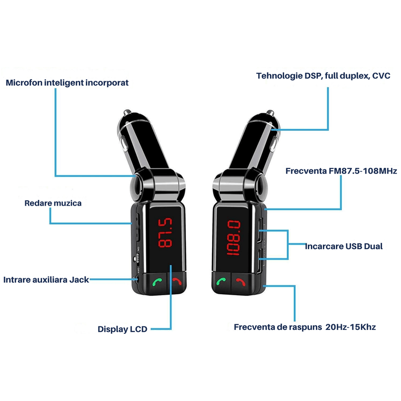 Auto si Moto - Electronice auto - Multimedia auto - Modulator FM auto pliabil, Bluetooth pentru muzica si apeluri, microfon integrat, 2 x USB-A - Infinity.ro