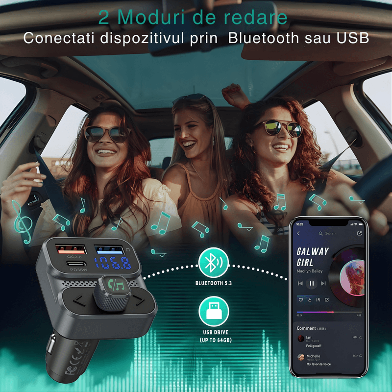 Auto si Moto - Electronice auto - Multimedia auto - Modulator FM cu Bluetooth, redare muzica, 2 x USB-A, 1 x USB-C, fast-charge, microfon incorporat - Infinity.ro