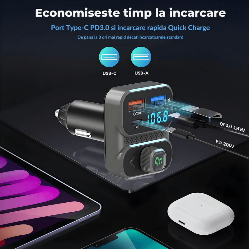 Auto si Moto - Electronice auto - Multimedia auto - Modulator FM cu Bluetooth, redare muzica, 2 x USB-A, 1 x USB-C, fast-charge, microfon incorporat - Infinity.ro