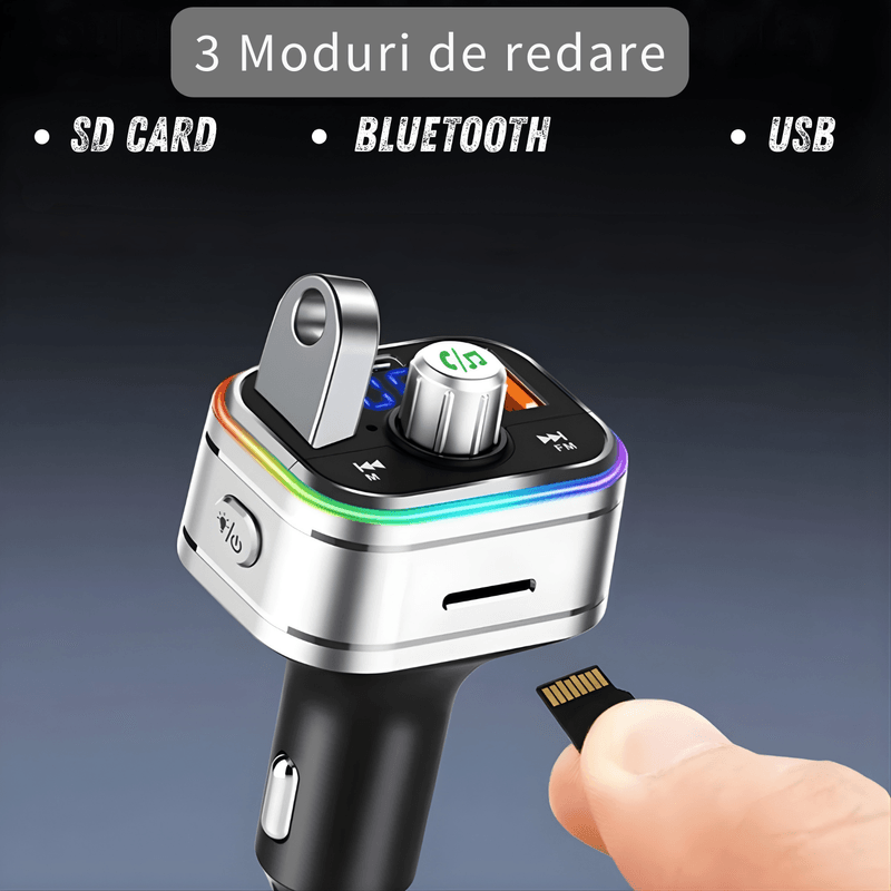 Auto si Moto - Electronice auto - Multimedia auto - Modulator FM auto cu Bluetooth, redare muzica din telefon, USB si MicroSD, 2 porturi USB-A si USB-C, microfon hands-free - Infinity.ro