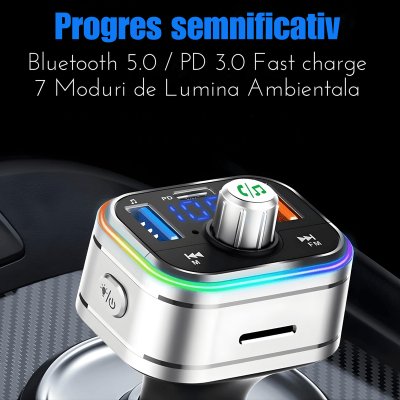 Auto si Moto - Electronice auto - Multimedia auto - Modulator FM auto cu Bluetooth, redare muzica din telefon, USB si MicroSD, 2 porturi USB-A si USB-C, microfon hands-free - Infinity.ro