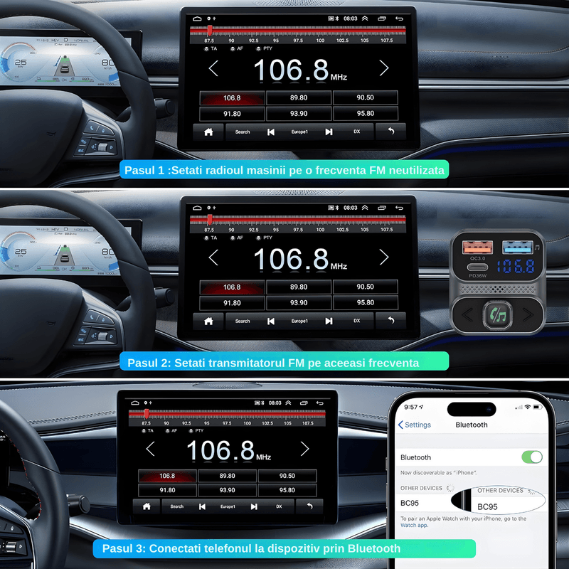 Auto si Moto - Electronice auto - Multimedia auto - Modulator FM cu Bluetooth, redare muzica, 2 x USB-A, 1 x USB-C, fast-charge, microfon incorporat - Infinity.ro