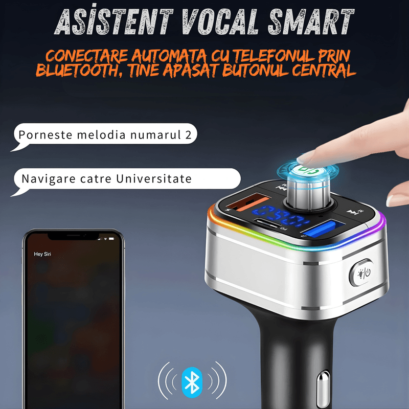 Auto si Moto - Electronice auto - Multimedia auto - Modulator FM auto cu Bluetooth, redare muzica din telefon, USB si MicroSD, 2 porturi USB-A si USB-C, microfon hands-free - Infinity.ro