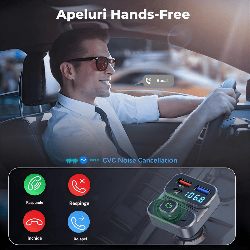 Auto si Moto - Electronice auto - Multimedia auto - Modulator FM cu Bluetooth, redare muzica, 2 x USB-A, 1 x USB-C, fast-charge, microfon incorporat - Infinity.ro
