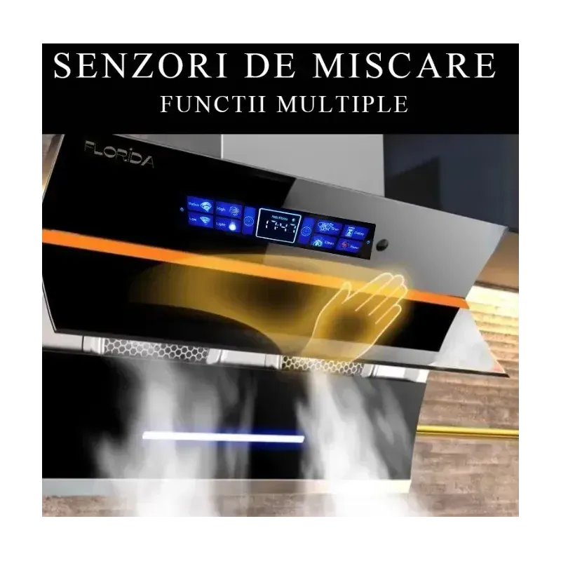 Electronice si Electrocasnice - Aragazuri, cuptoare si hote - Hote - Hote decorative - Hota inteligenta Florida, comenzi vocale, senzor miscare, autocuratare, 2 motoare, 3 trepte, 1200 m3/h, 180W, 90cm - Infinity.ro