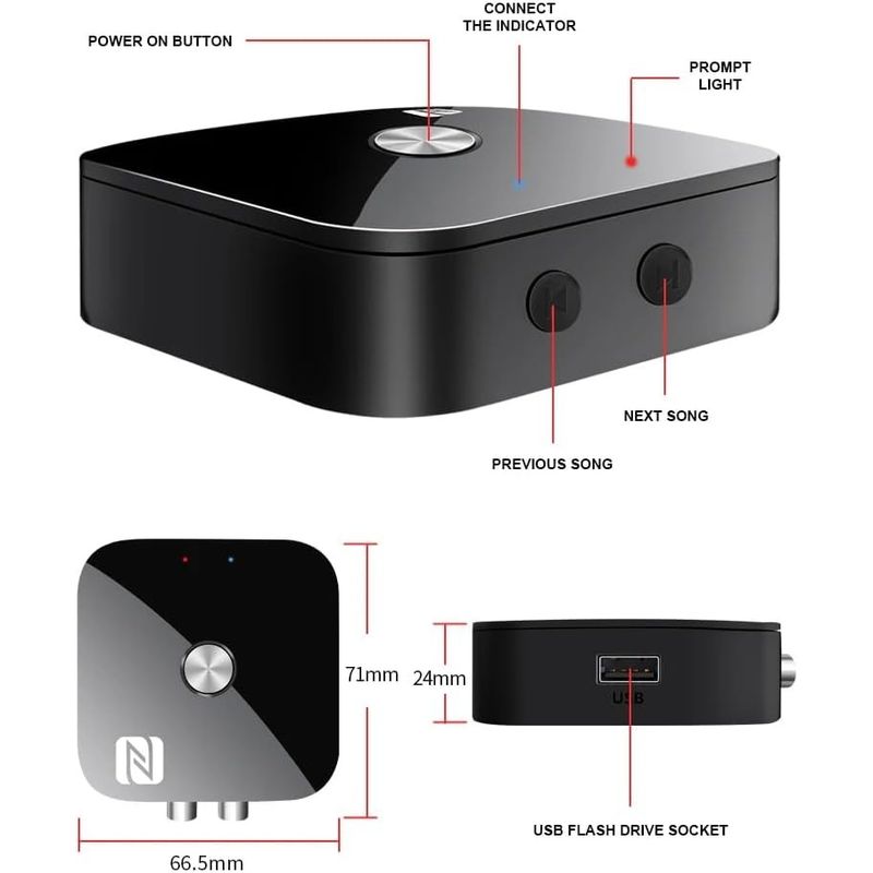 Auto si Moto - Electronice auto - Multimedia auto - Receptor Receiver Audio Bluetooth Techstar T68, BT 5.3, NFC, RCA L/R + AUX 3.5mm, USB U-Disk, Telecomanda IR, HiFi, 10m - Infinity.ro