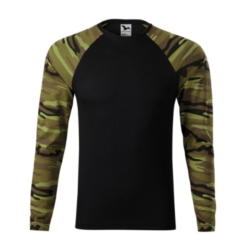 Fashion, accesorii si bijuterii - Barbati - Imbracaminte - Tricouri si bluze barbati - Tricou unisex Malfini Camouflage LS 166, maneca lunga raglan, bumbac 160 g/mp, camuflaj verde - XS - Infinity.ro
