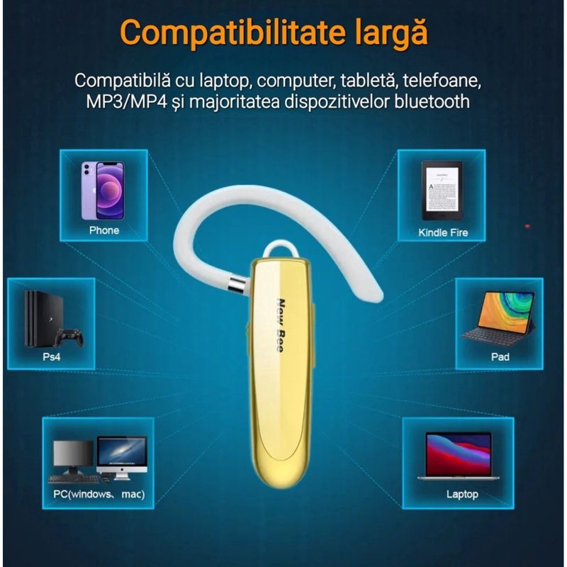 TV, Audio-Video si Foto - Portabile audio - Casti audio - Casca Bluetooth New Bee B41, Baterie 24 ore, Multipoint, Universala, Culoare Auriu - Infinity.ro