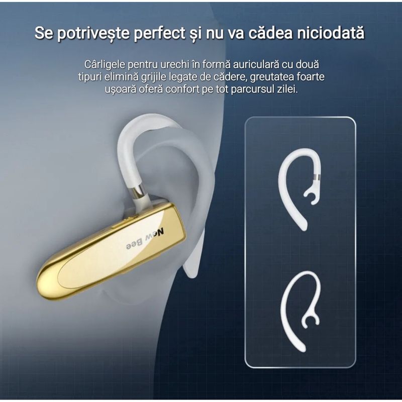 TV, Audio-Video si Foto - Portabile audio - Casti audio - Casca Bluetooth New Bee B41, Baterie 24 ore, Multipoint, Universala, Culoare Auriu - Infinity.ro