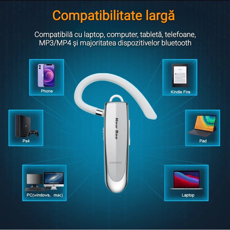 TV, Audio-Video si Foto - Portabile audio - Casti audio - Casca Bluetooth New Bee B41, Baterie 24 ore, Multipoint, Universala, Culoare Alb - Infinity.ro