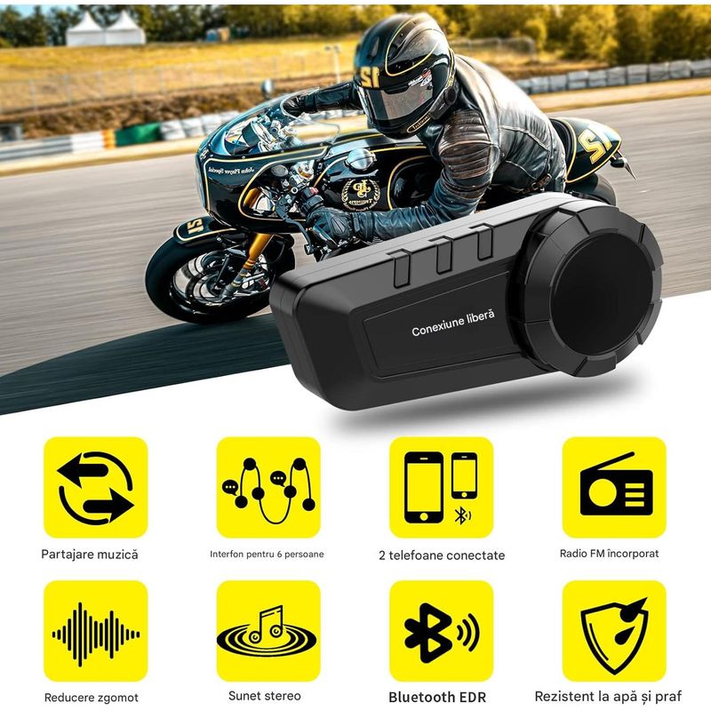 TV, Audio-Video si Foto - Portabile audio - Casti audio - Casca Bluetooth pentru MOTO, Intercom pentru 6 persoane 1200m, Baterie 11 ore, Anulare zgomot, Rezistenta apa - Infinity.ro