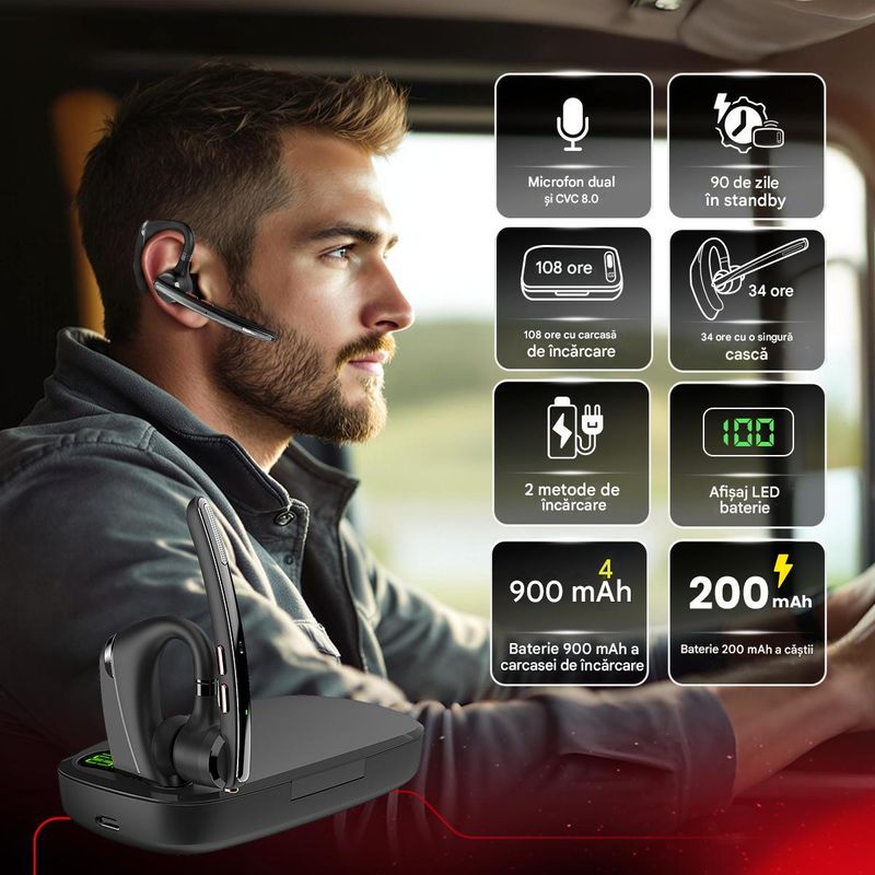 TV, Audio-Video si Foto - Portabile audio - Casti audio - Casca Bluetooth CerCip G10, Anulare zgomot, Autonomie 27 ore, Carcasa de incarcare, Suport cu intindere,  Multipoint - Infinity.ro