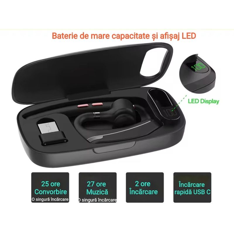 TV, Audio-Video si Foto - Portabile audio - Casti audio - Casca Bluetooth CerCip G10, Anulare zgomot, Autonomie 27 ore, Carcasa de incarcare, Suport cu intindere,  Multipoint - Infinity.ro