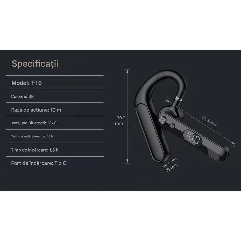 TV, Audio-Video si Foto - Portabile audio - Casti audio - Casca Bluetooth CerCip F10, Autonomie baterie 48 ore, Anulare zgomot AI, Multipoint, Afisare procent baterie - Infinity.ro