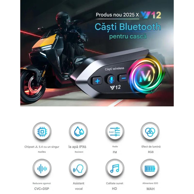 TV, Audio-Video si Foto - Portabile audio - Casti audio - Casca Bluetooth Moto Y12, Pentru Motocicleta, Autonomie 13 ore, Anulare Zgomot, Rezistenta la apa,Pentru un singur rider - Infinity.ro