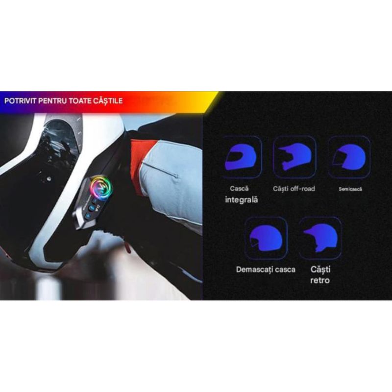 TV, Audio-Video si Foto - Portabile audio - Casti audio - Casca Bluetooth Moto Y12, Pentru Motocicleta, Autonomie 13 ore, Anulare Zgomot, Rezistenta la apa,Pentru un singur rider - Infinity.ro