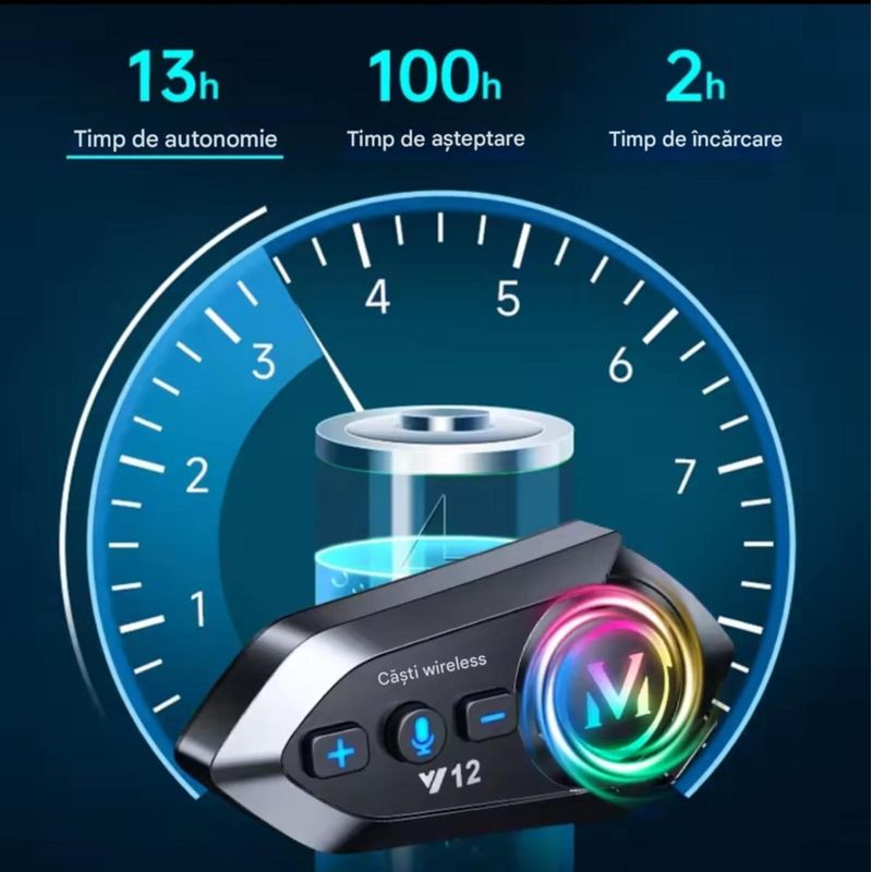 TV, Audio-Video si Foto - Portabile audio - Casti audio - Casca Bluetooth Moto Y12, Pentru Motocicleta, Autonomie 13 ore, Anulare Zgomot, Rezistenta la apa,Pentru un singur rider - Infinity.ro