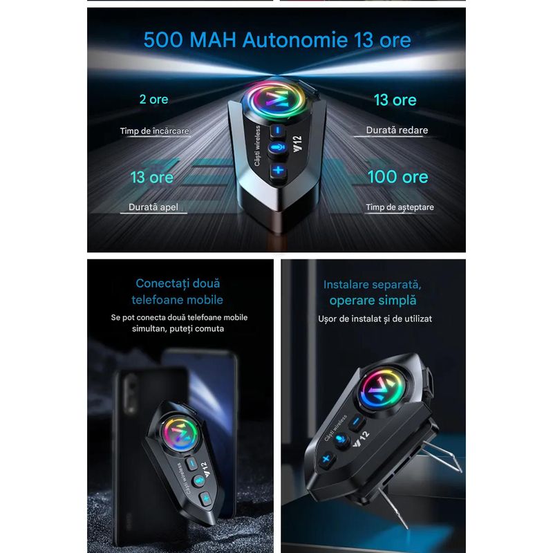 TV, Audio-Video si Foto - Portabile audio - Casti audio - Casca Bluetooth Moto Y12, Pentru Motocicleta, Autonomie 13 ore, Anulare Zgomot, Rezistenta la apa,Pentru un singur rider - Infinity.ro