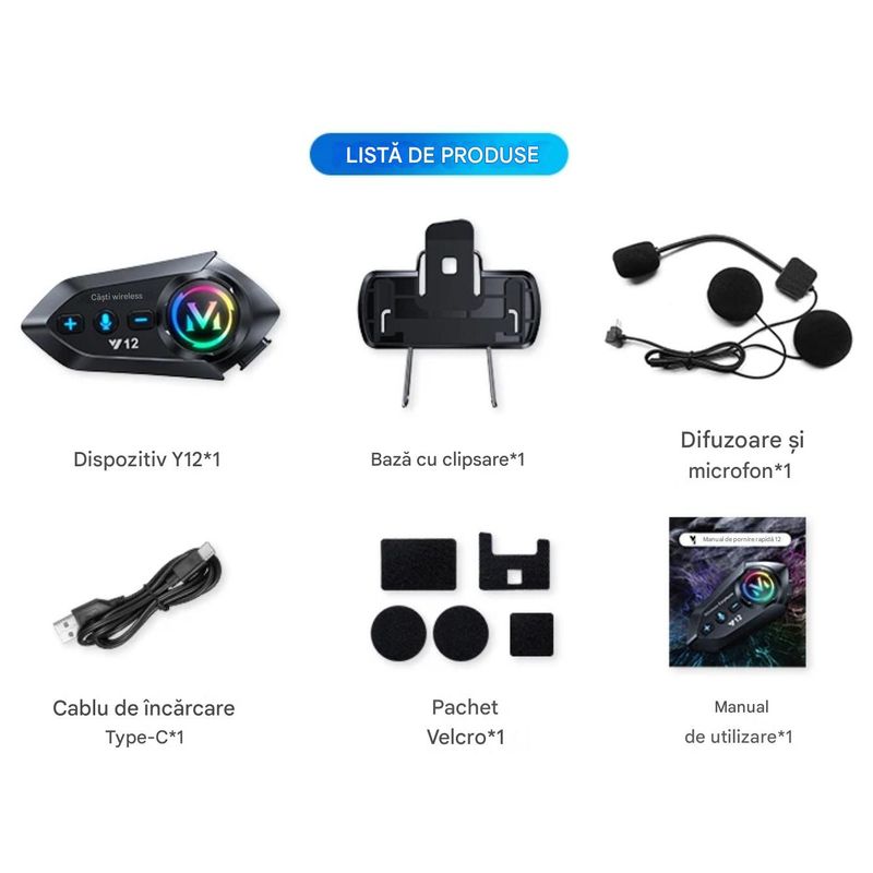 TV, Audio-Video si Foto - Portabile audio - Casti audio - Casca Bluetooth Moto Y12, Pentru Motocicleta, Autonomie 13 ore, Anulare Zgomot, Rezistenta la apa,Pentru un singur rider - Infinity.ro