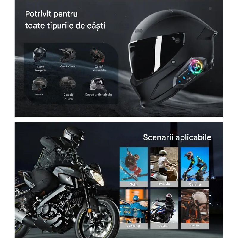 TV, Audio-Video si Foto - Portabile audio - Casti audio - Casca Bluetooth Moto Y12, Pentru Motocicleta, Autonomie 13 ore, Anulare Zgomot, Rezistenta la apa,Pentru un singur rider - Infinity.ro
