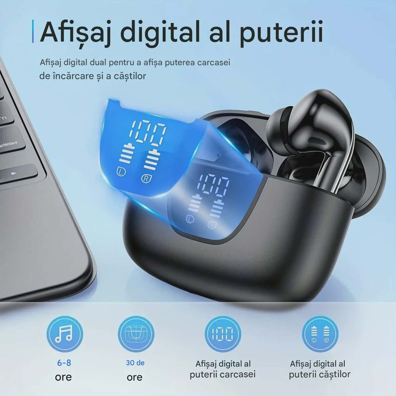 TV, Audio-Video si Foto - Portabile audio - Casti audio - Casti Wireless TWS CerCip S42 cu izolare a zgomotului ENC+ANC, Autonomie 40 ore, Control prin Touch, Universale, Negru - Infinity.ro