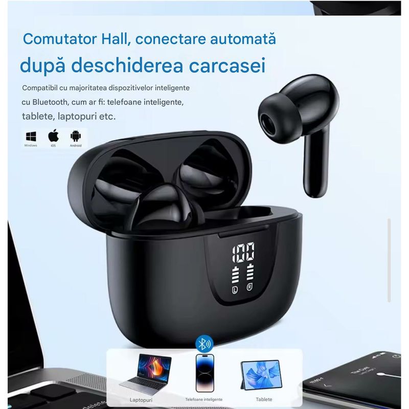TV, Audio-Video si Foto - Portabile audio - Casti audio - Casti Wireless TWS CerCip S42 cu izolare a zgomotului ENC+ANC, Autonomie 40 ore, Control prin Touch, Universale, Negru - Infinity.ro