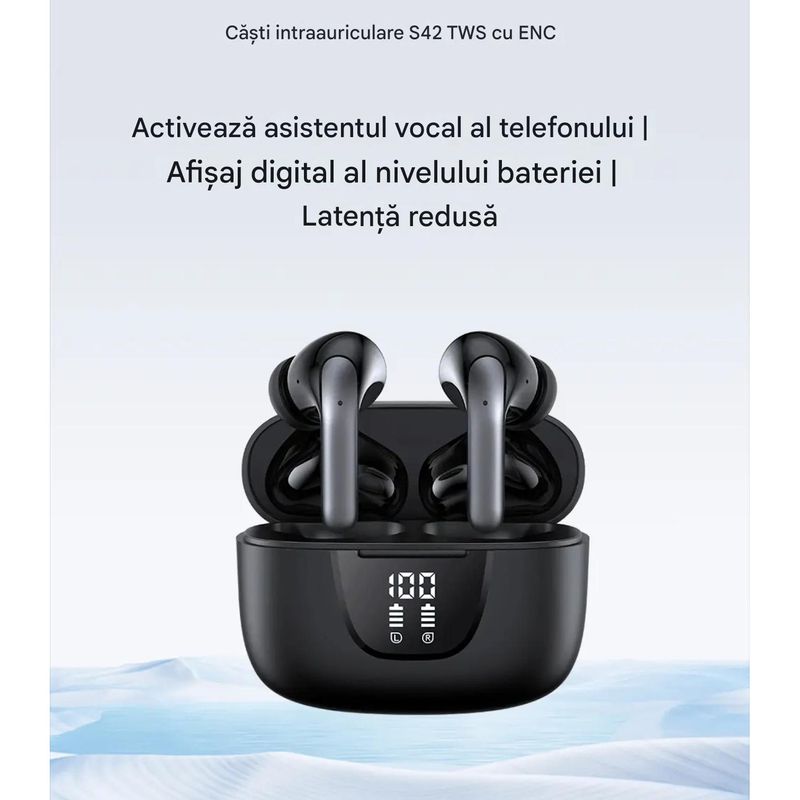 TV, Audio-Video si Foto - Portabile audio - Casti audio - Casti Wireless TWS CerCip S42 cu izolare a zgomotului ENC+ANC, Autonomie 40 ore, Control prin Touch, Universale, Negru - Infinity.ro