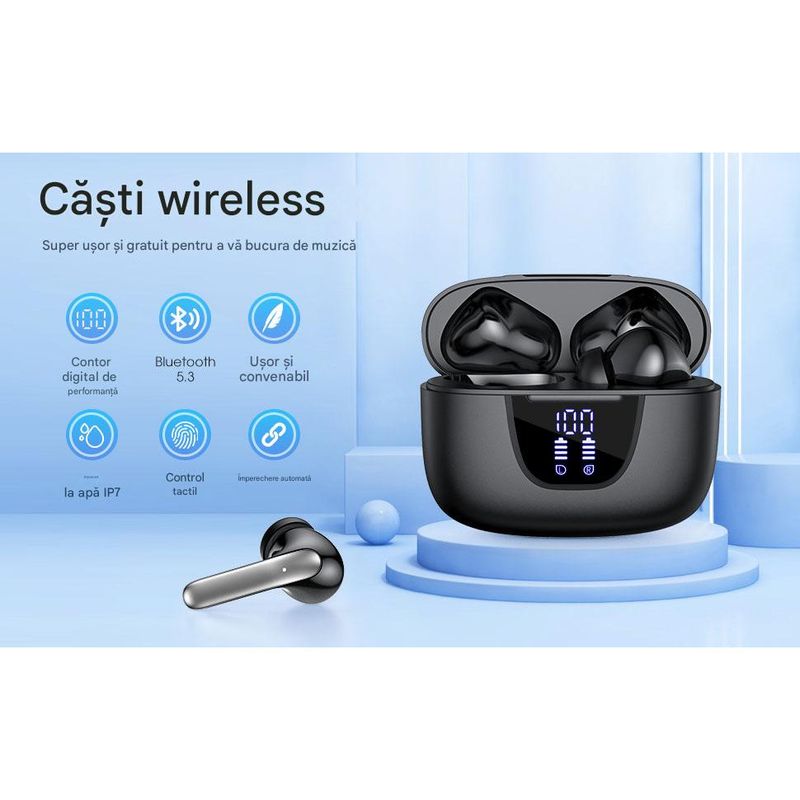 TV, Audio-Video si Foto - Portabile audio - Casti audio - Casti Wireless TWS CerCip S42 cu izolare a zgomotului ENC+ANC, Autonomie 40 ore, Control prin Touch, Universale, Negru - Infinity.ro