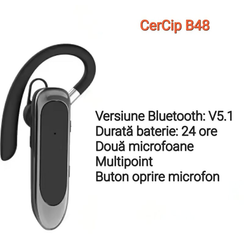 TV, Audio-Video si Foto - Portabile audio - Casti audio - Casca Bluetooth CerCip B48, Autonomie baterie 24 ore, Bluetooth, Anulare zgomot, Doua microfoane, Multipoint, Buton mute - Infinity.ro